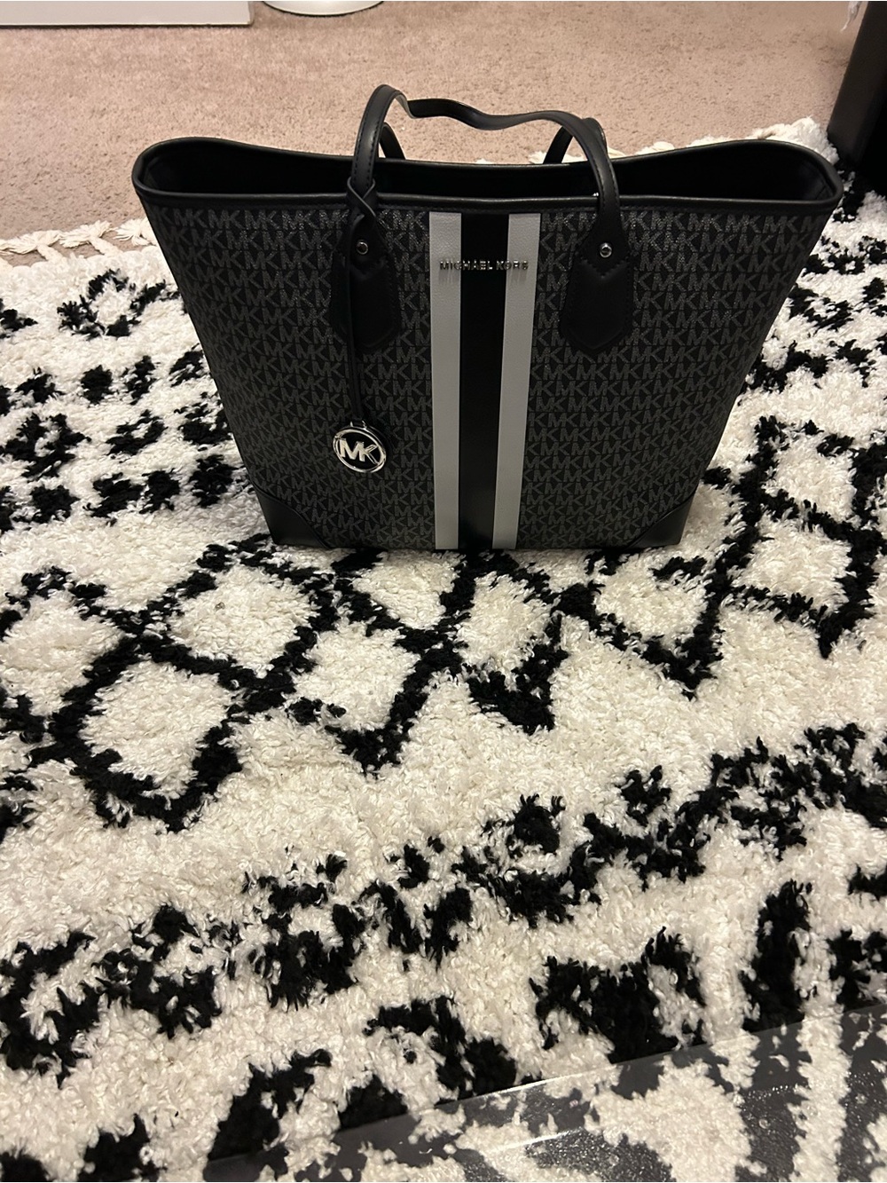 Michael Kors Black and Gray MK Signature Tote with Center Stripes